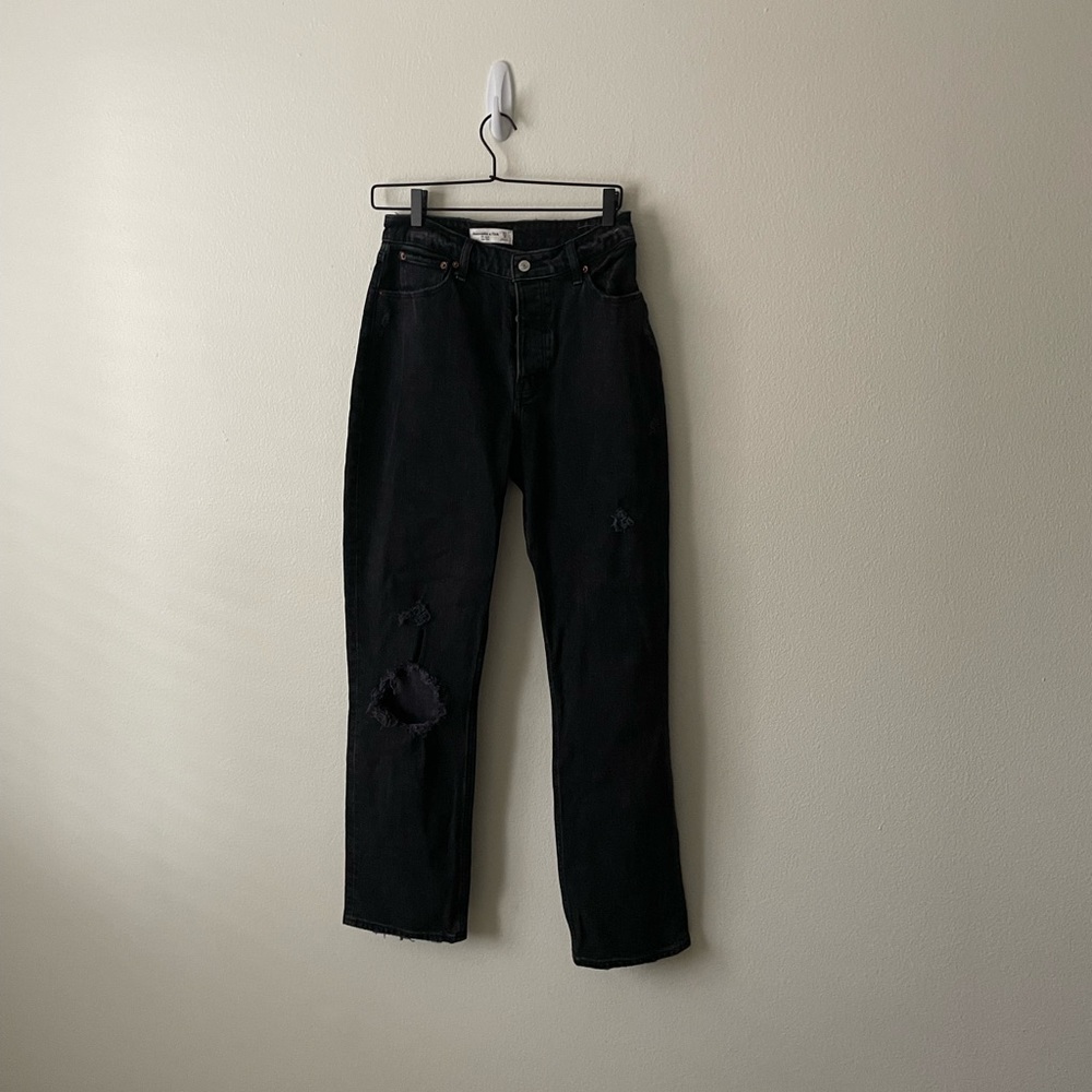Abercrombie & Fitch The Dad High Rise Black Cotton Denim Distressed Jeans